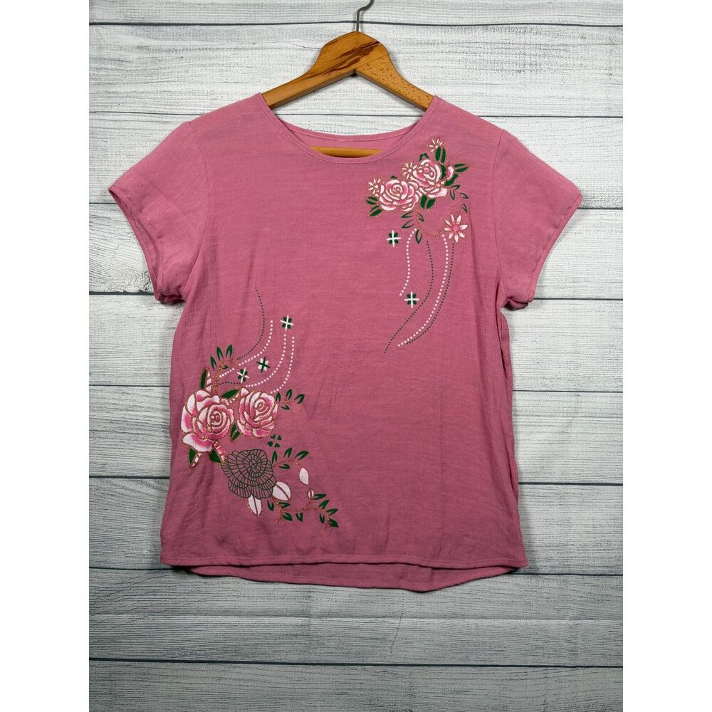 Women's Pink Floral Rose Graphic 2 Piece Top Pants Set Size Small 4367